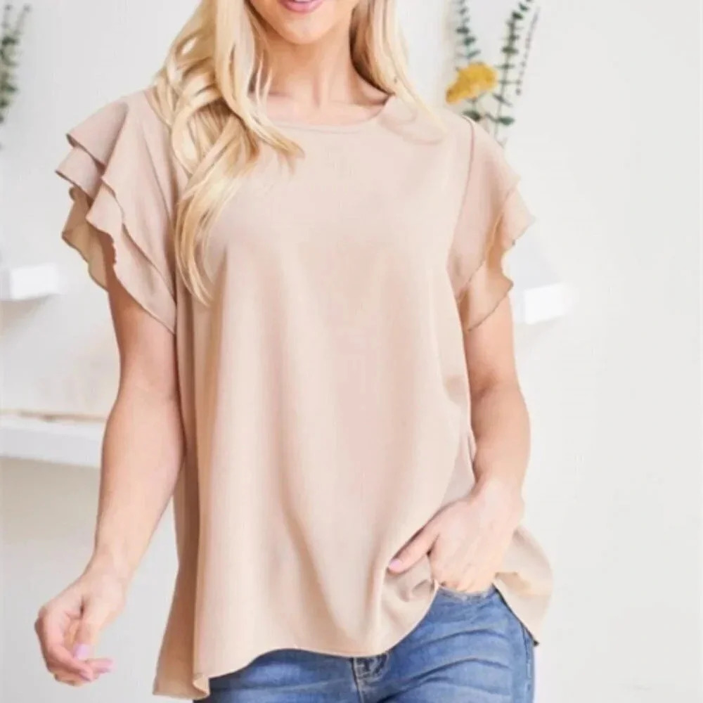 CASUAL TAN RUFFLED SLEEVED TOP
